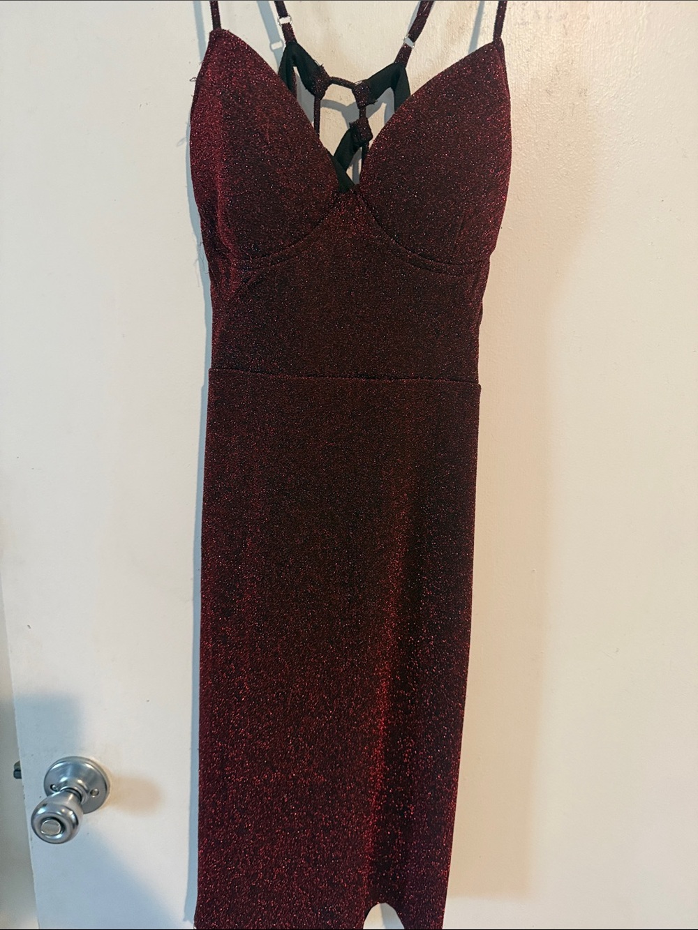 Glitter Spaghetti-Strap Burgundy Bodycon Dress